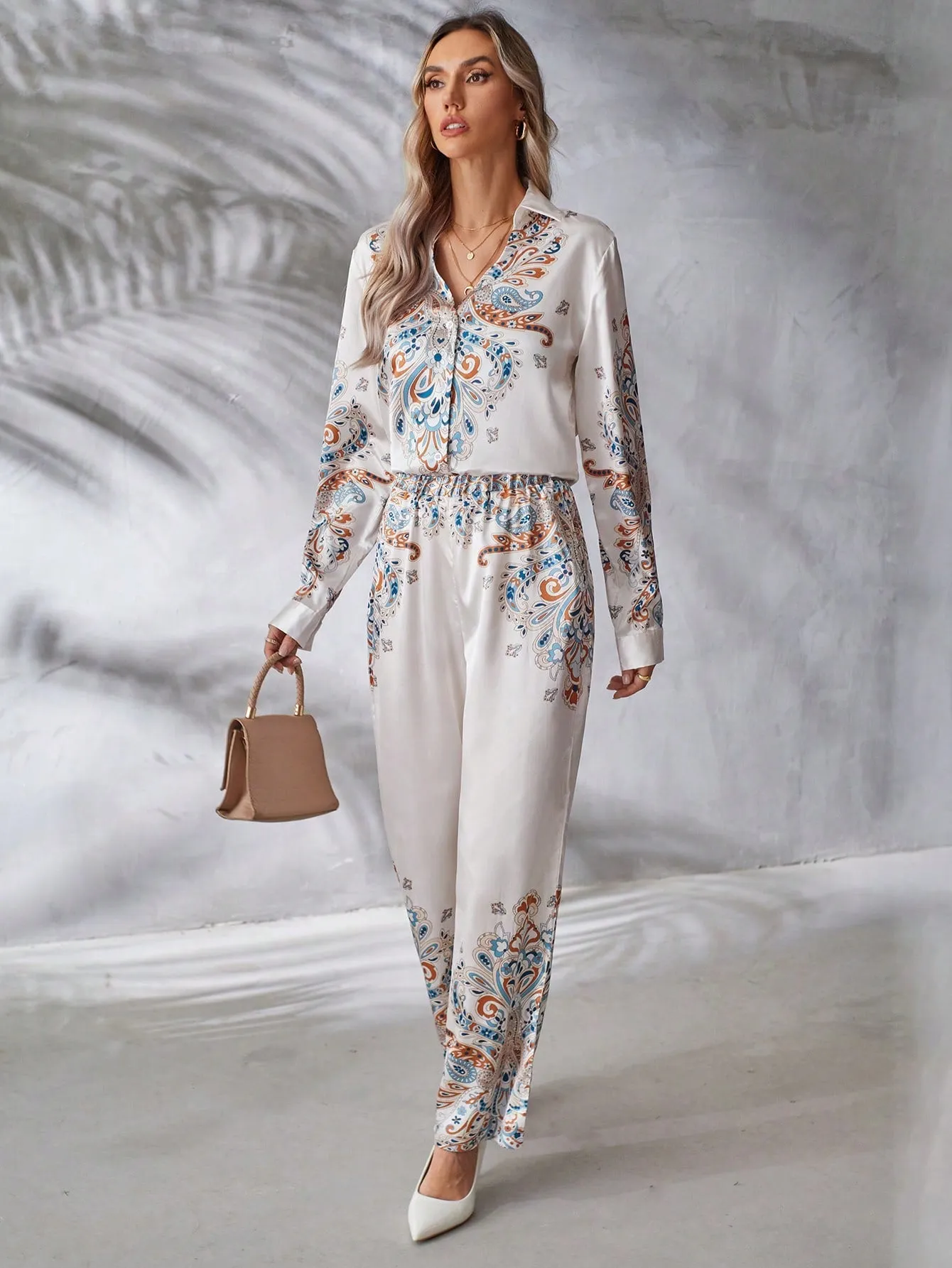 2pcs/set Long Sleeve Printed Shirt And Pants Outfit