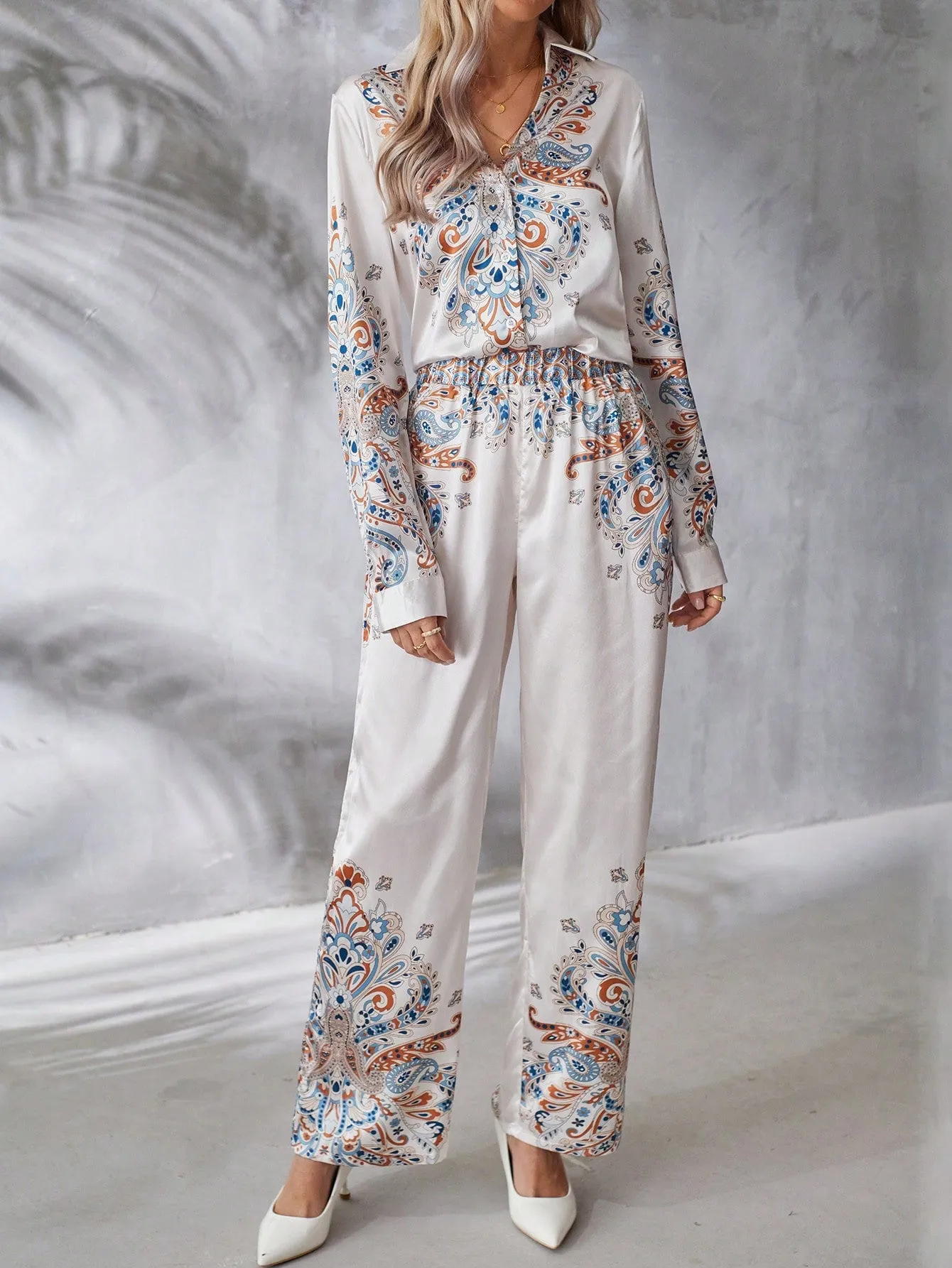 2pcs/set Long Sleeve Printed Shirt And Pants Outfit