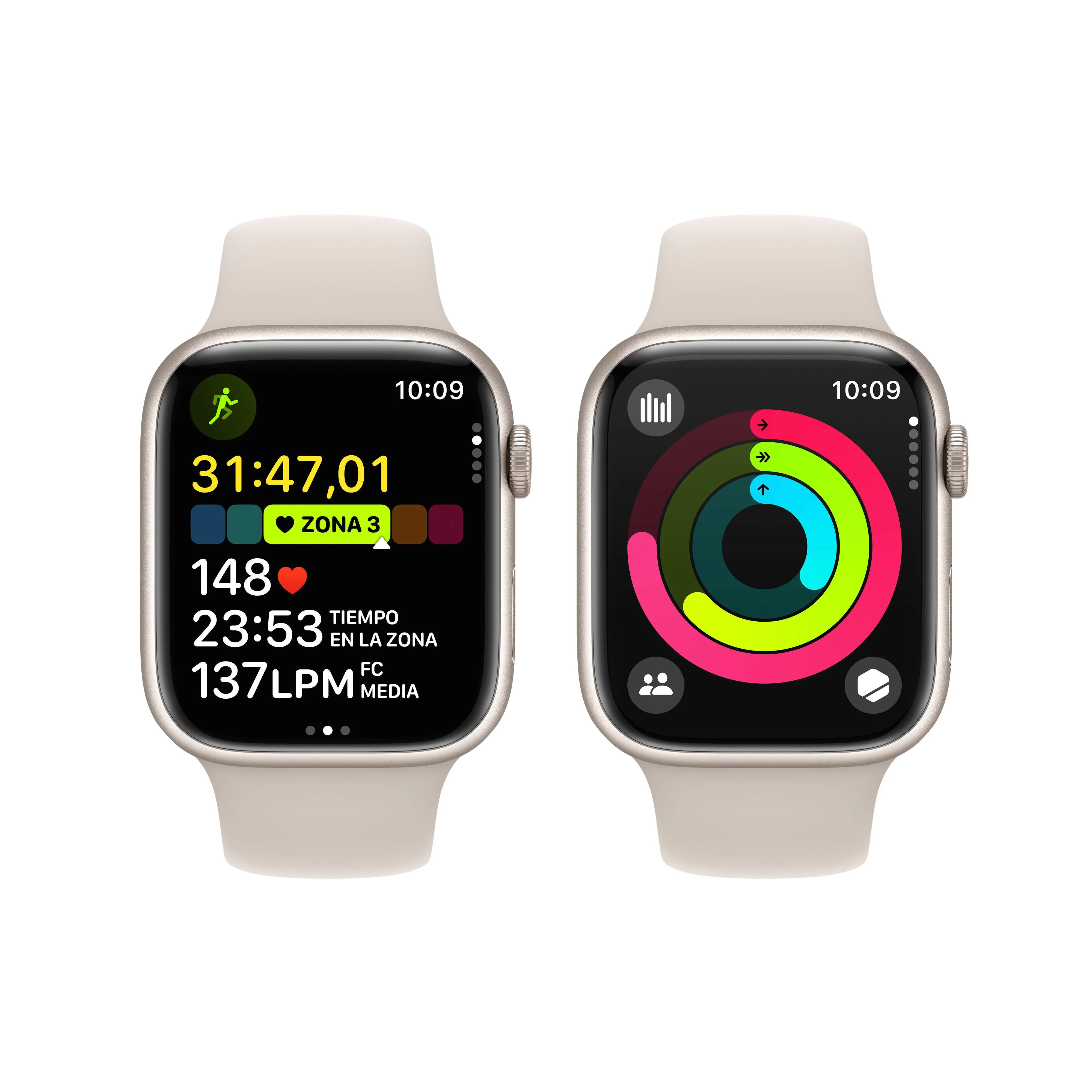 Apple Watch Series 9 (GPS) - Caja de aluminio en blanco estrella de 45 mm - Correa deportiva blanco estrella - Talla S/M