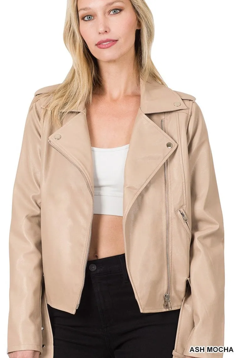 Belted Moto Jacket in Ash Mocha Vegan Leather