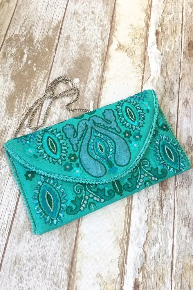 Bolso boho tipo sobre verde turquesa - INDIA