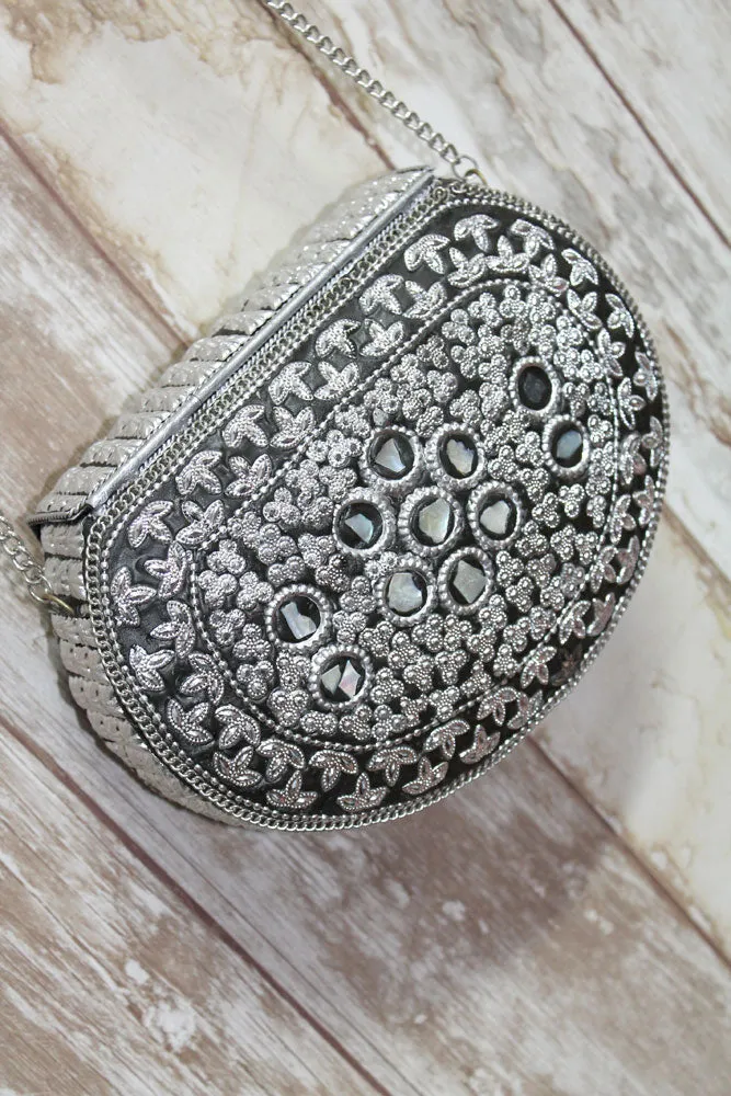 Bolso metálico plata boho chic con piedras - Modelo Árbol de la vida