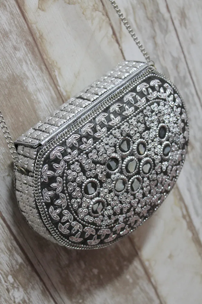 Bolso metálico plata boho chic con piedras - Modelo Árbol de la vida