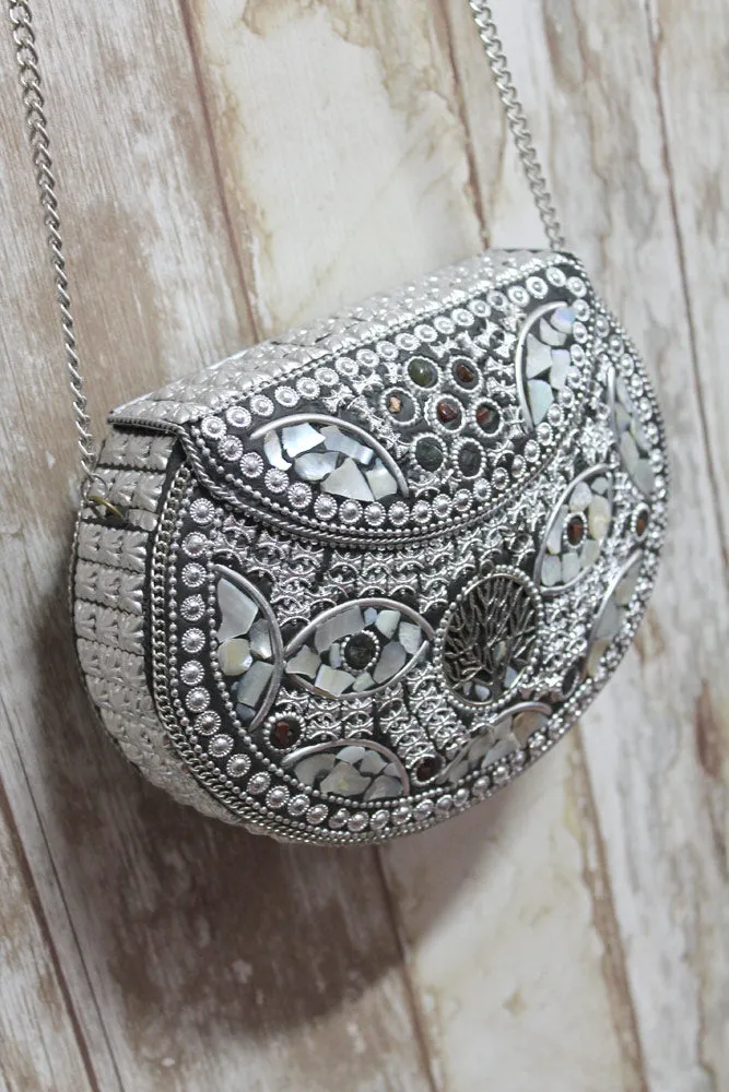 Bolso metálico plata boho chic con piedras - Modelo Árbol de la vida