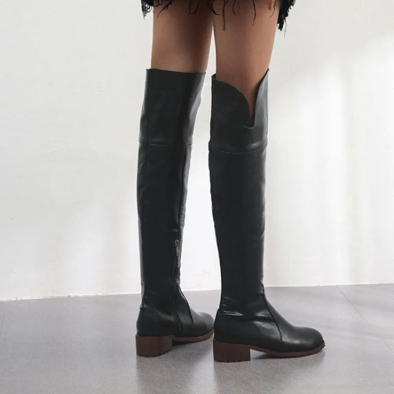 Brown Leather Over-the-knee Boots with Low Square Heel for Ladies