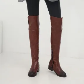 Brown Leather Over-the-knee Boots with Low Square Heel for Ladies