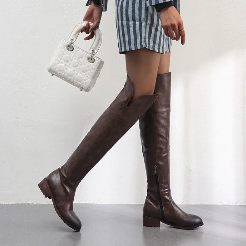 Brown Leather Over-the-knee Boots with Low Square Heel for Ladies