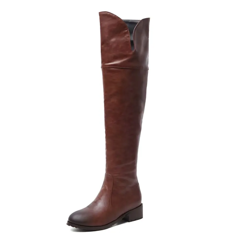 Brown Leather Over-the-knee Boots with Low Square Heel for Ladies