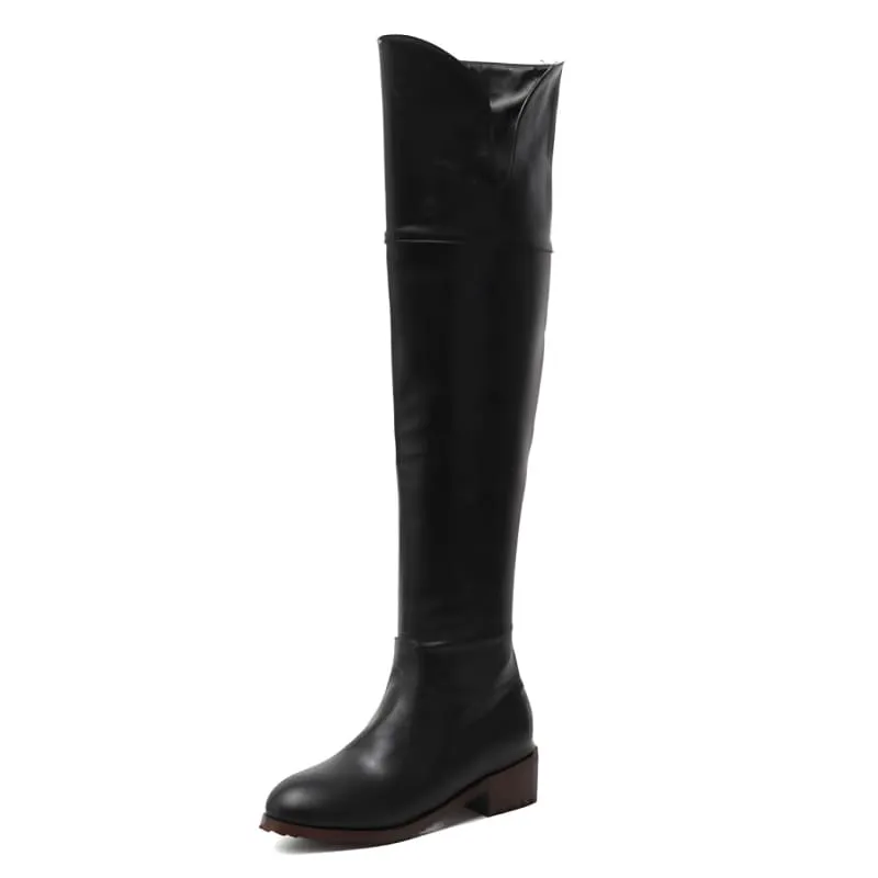 Brown Leather Over-the-knee Boots with Low Square Heel for Ladies