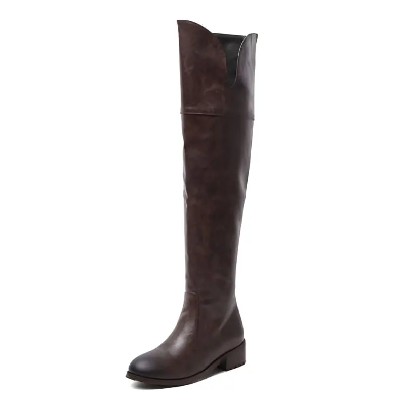 Brown Leather Over-the-knee Boots with Low Square Heel for Ladies