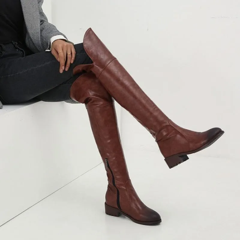 Brown Leather Over-the-knee Boots with Low Square Heel for Ladies