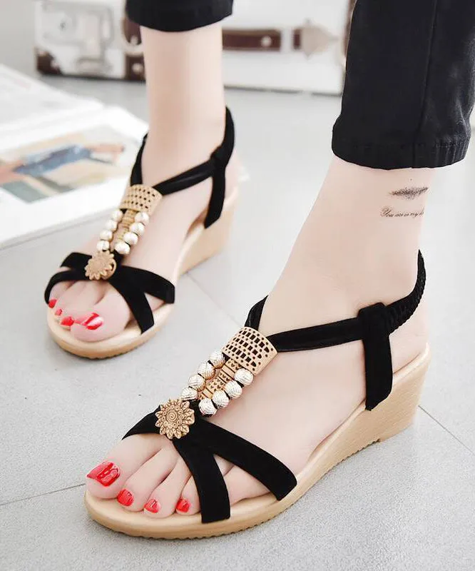 Chic Wedge Sandals Comfortable Black Suede LY4324