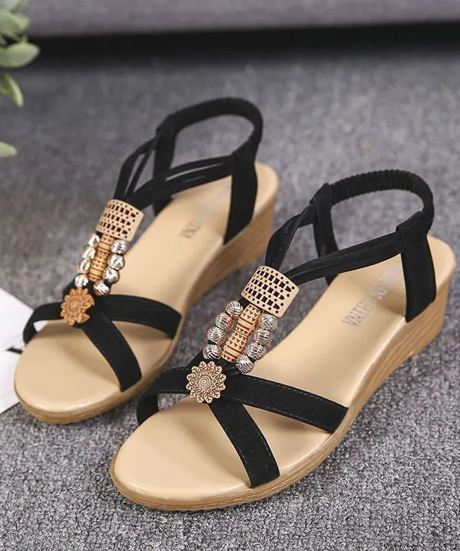 Chic Wedge Sandals Comfortable Black Suede LY4324