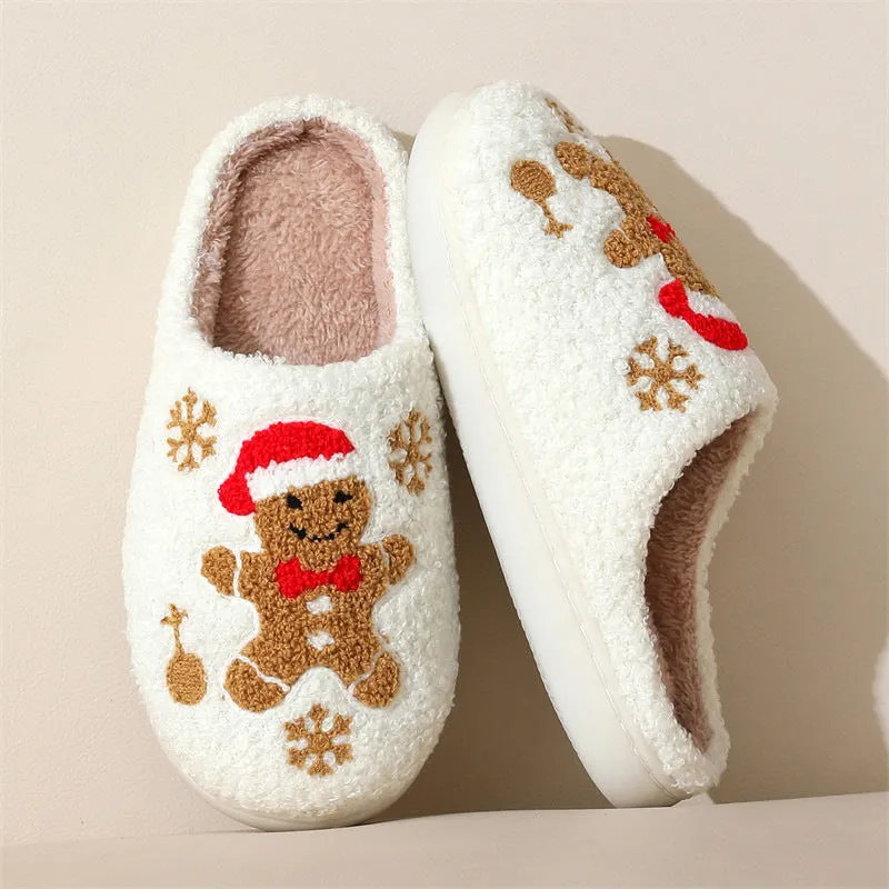 Christmas Snowflake Gingerbread Slippers Winter Indoor Non-slip Floor Bedroom Fuzzy House Shoes