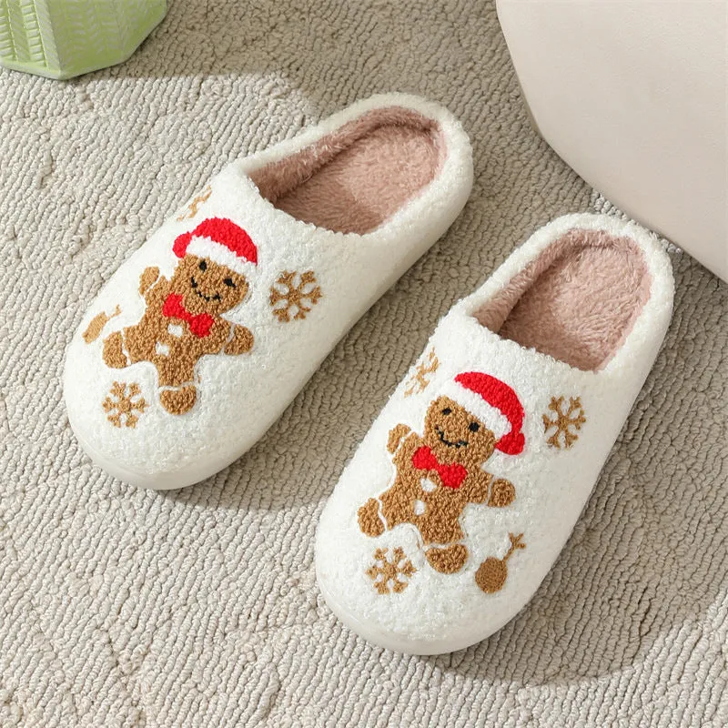 Christmas Snowflake Gingerbread Slippers Winter Indoor Non-slip Floor Bedroom Fuzzy House Shoes