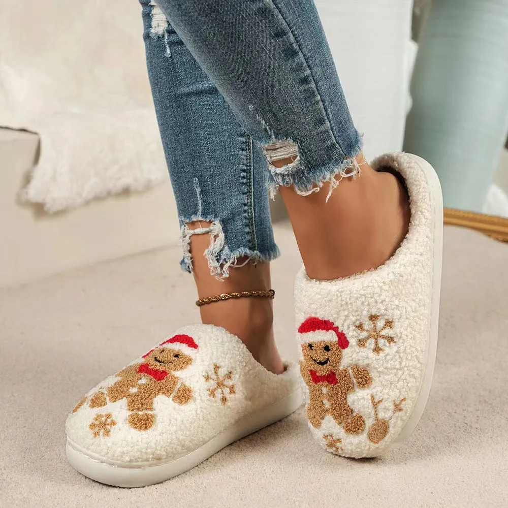 Christmas Snowflake Gingerbread Slippers Winter Indoor Non-slip Floor Bedroom Fuzzy House Shoes