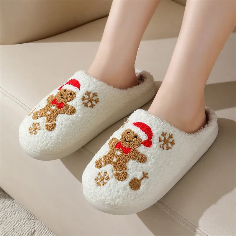 Christmas Snowflake Gingerbread Slippers Winter Indoor Non-slip Floor Bedroom Fuzzy House Shoes