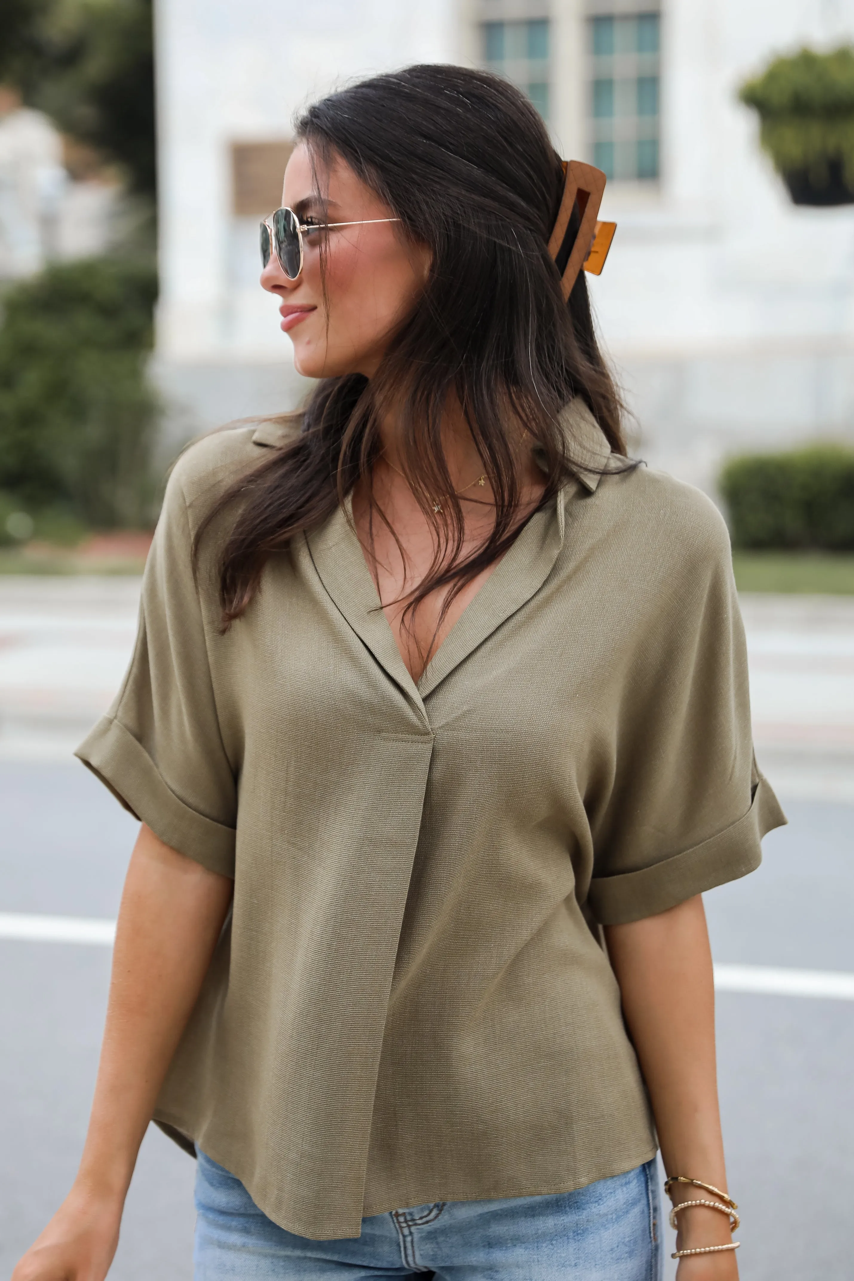 FINAL SALE - Breezy Fascination Olive Blouse - DU DEAL