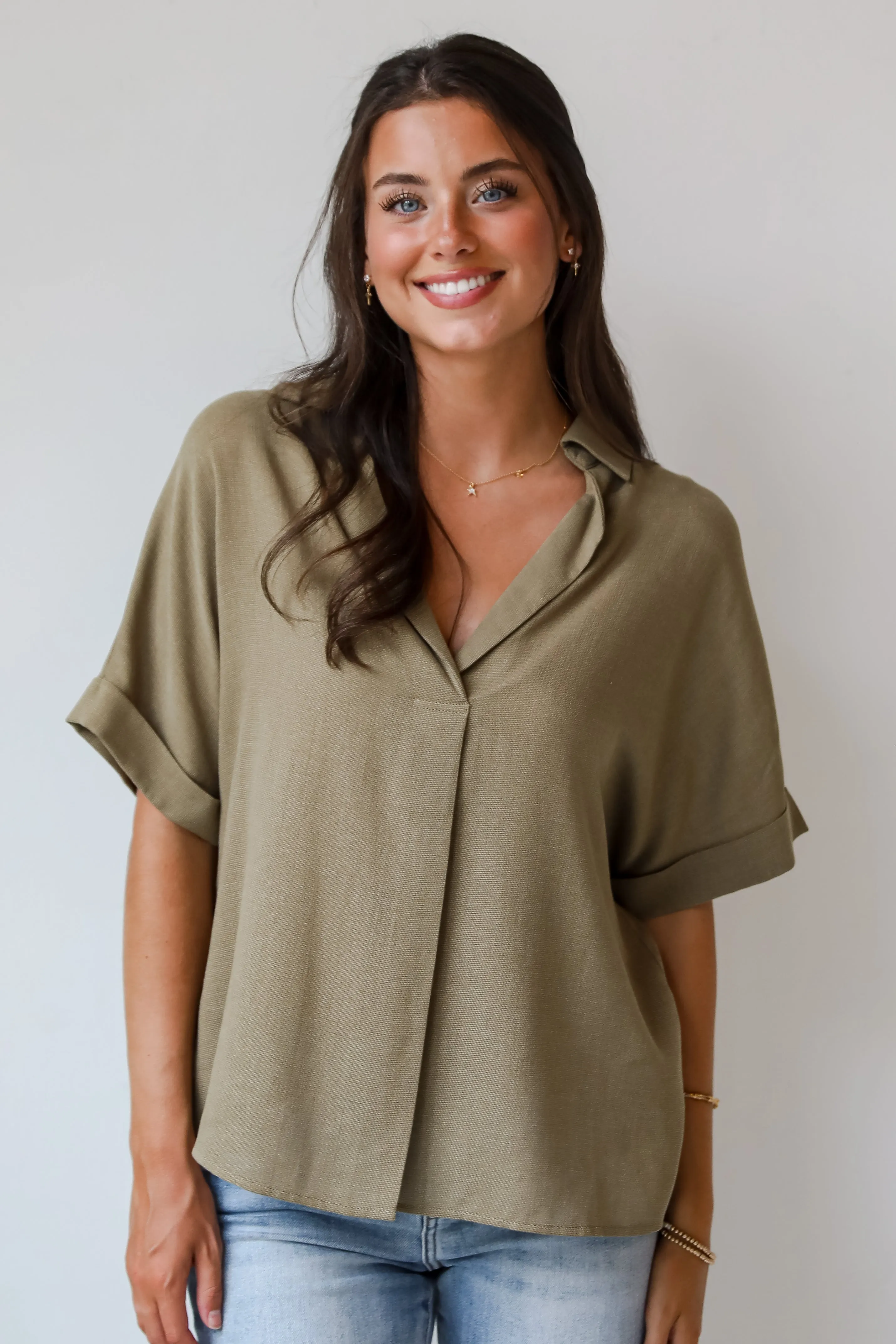 FINAL SALE - Breezy Fascination Olive Blouse - DU DEAL