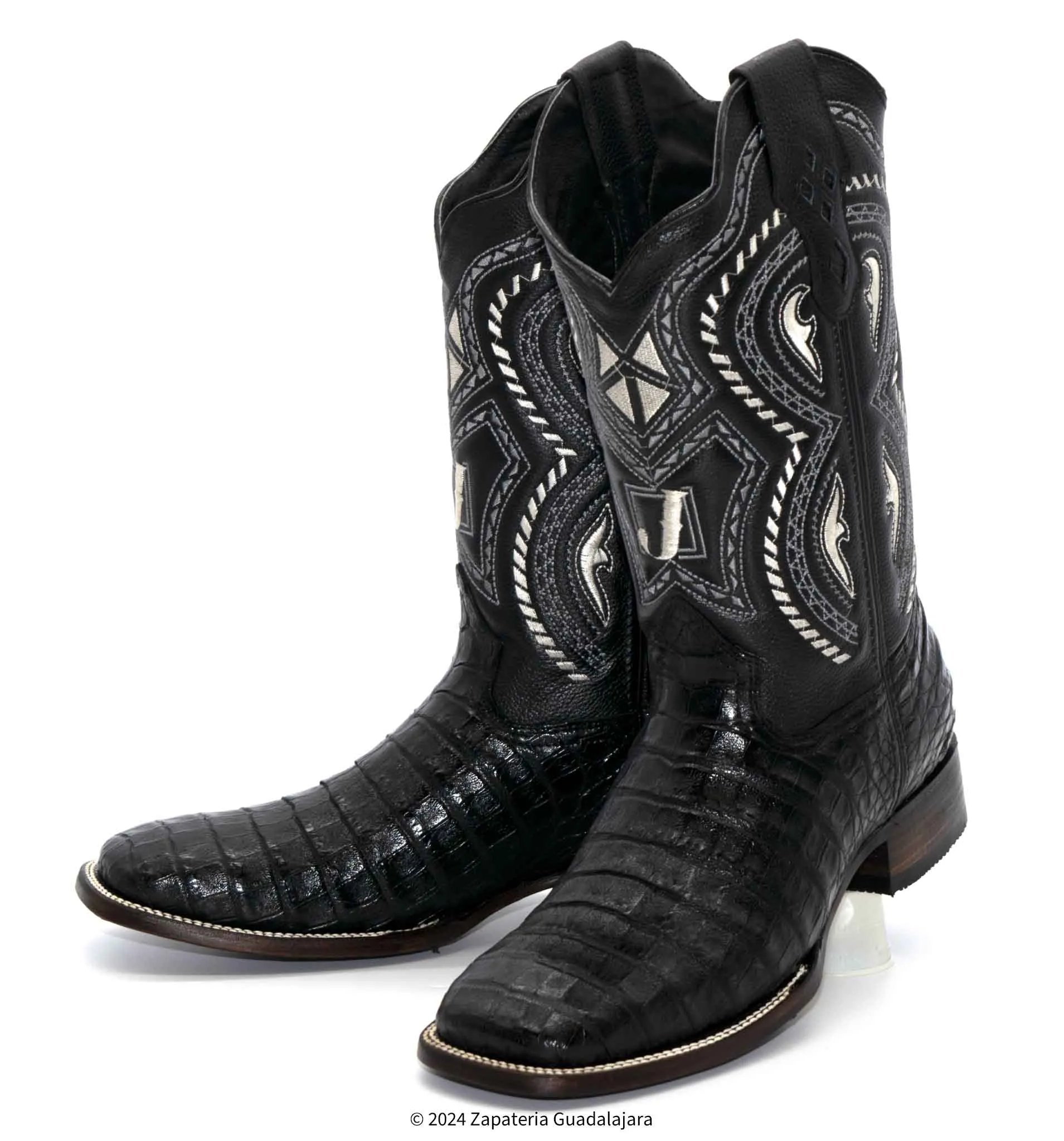 JB706 MEN WIDE SQUARE TOE CAIMAN BELLY BLACK BOOT