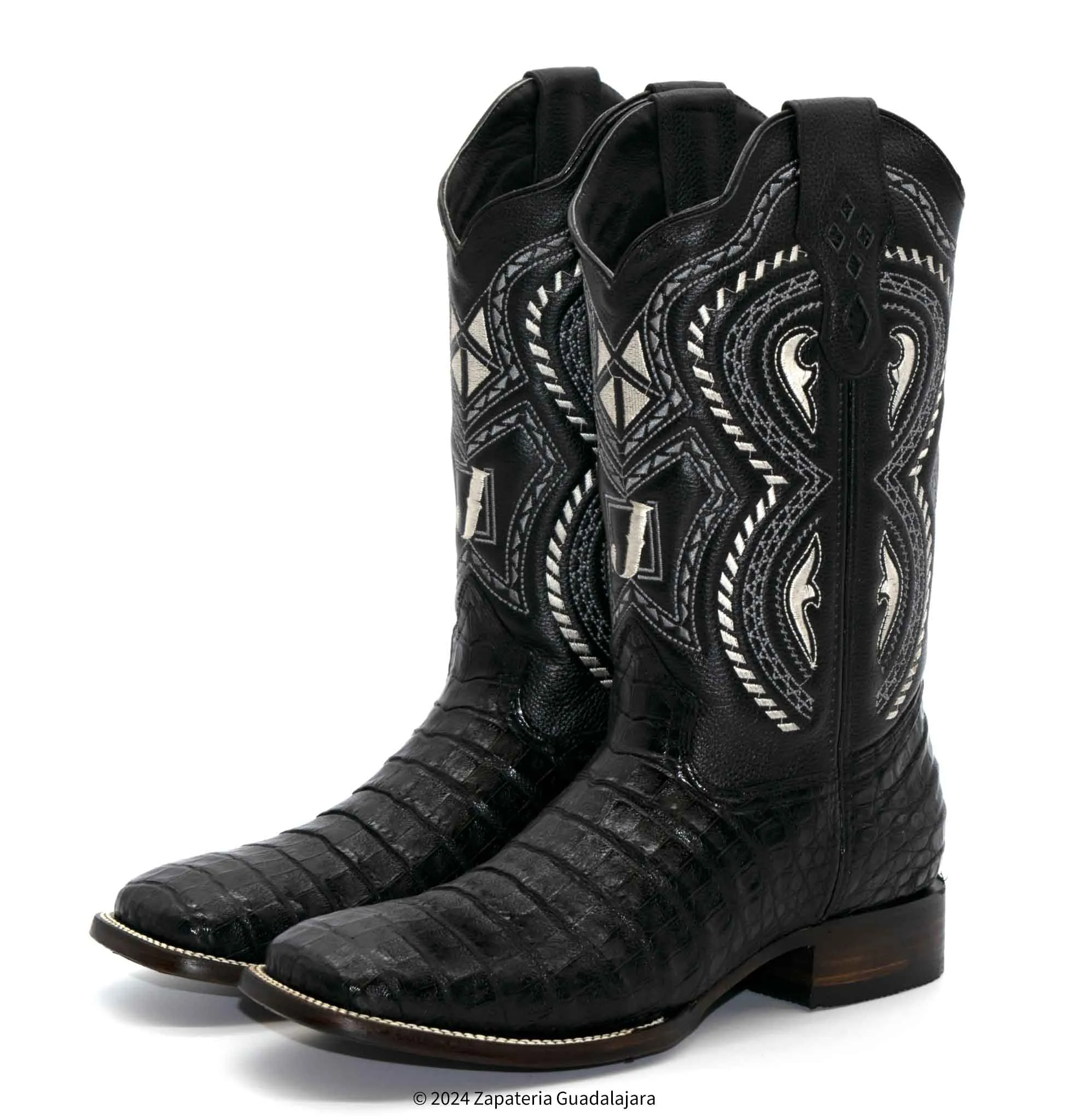 JB706 MEN WIDE SQUARE TOE CAIMAN BELLY BLACK BOOT