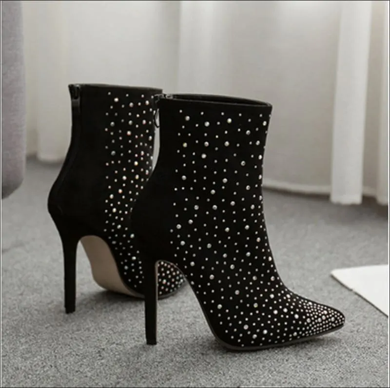 Ladies Suede Rhinestone Pointed Toe Short Boots for Stylish Elegance