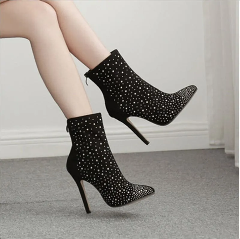 Ladies Suede Rhinestone Pointed Toe Short Boots for Stylish Elegance