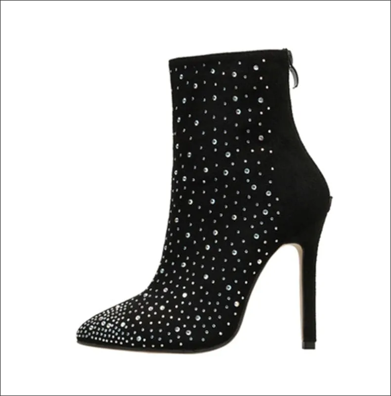 Ladies Suede Rhinestone Pointed Toe Short Boots for Stylish Elegance