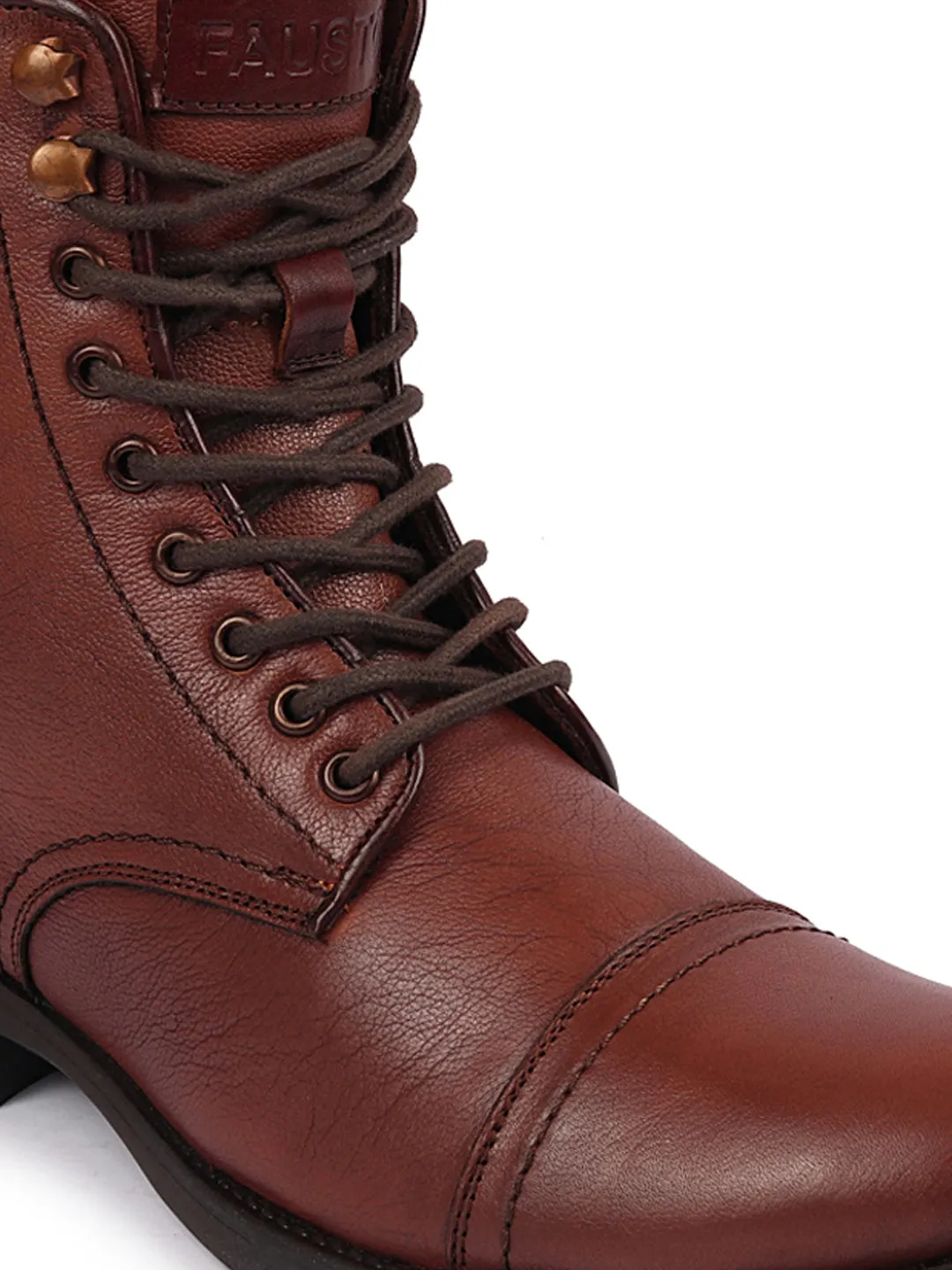 Men Tan High Top Genuine Leather Hook and 7-Eye Lace Up Side Zipper Cap Toe Classic Flat Boots