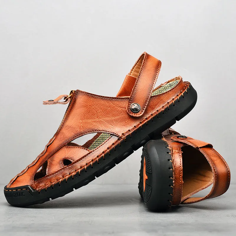 Men's Closed Toe Leather Handmade Adjustable Fisherman Sandals-7026