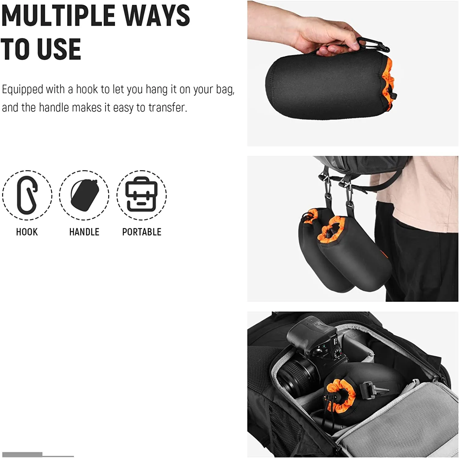 NEEWER 4 Pack Camera Lens Bag - Black/Orange