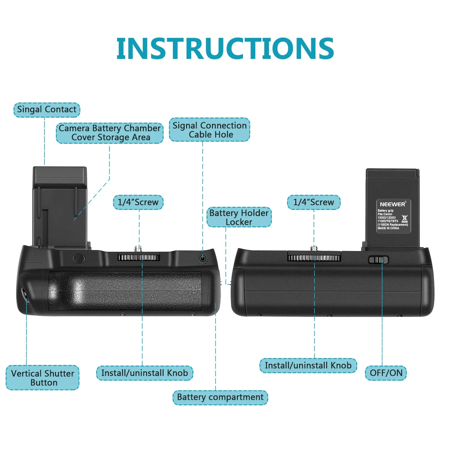 NEEWER Battery Grip For Canon EOS 1100D/1200D/ Rebel T3/Rebel T5Rebel T6