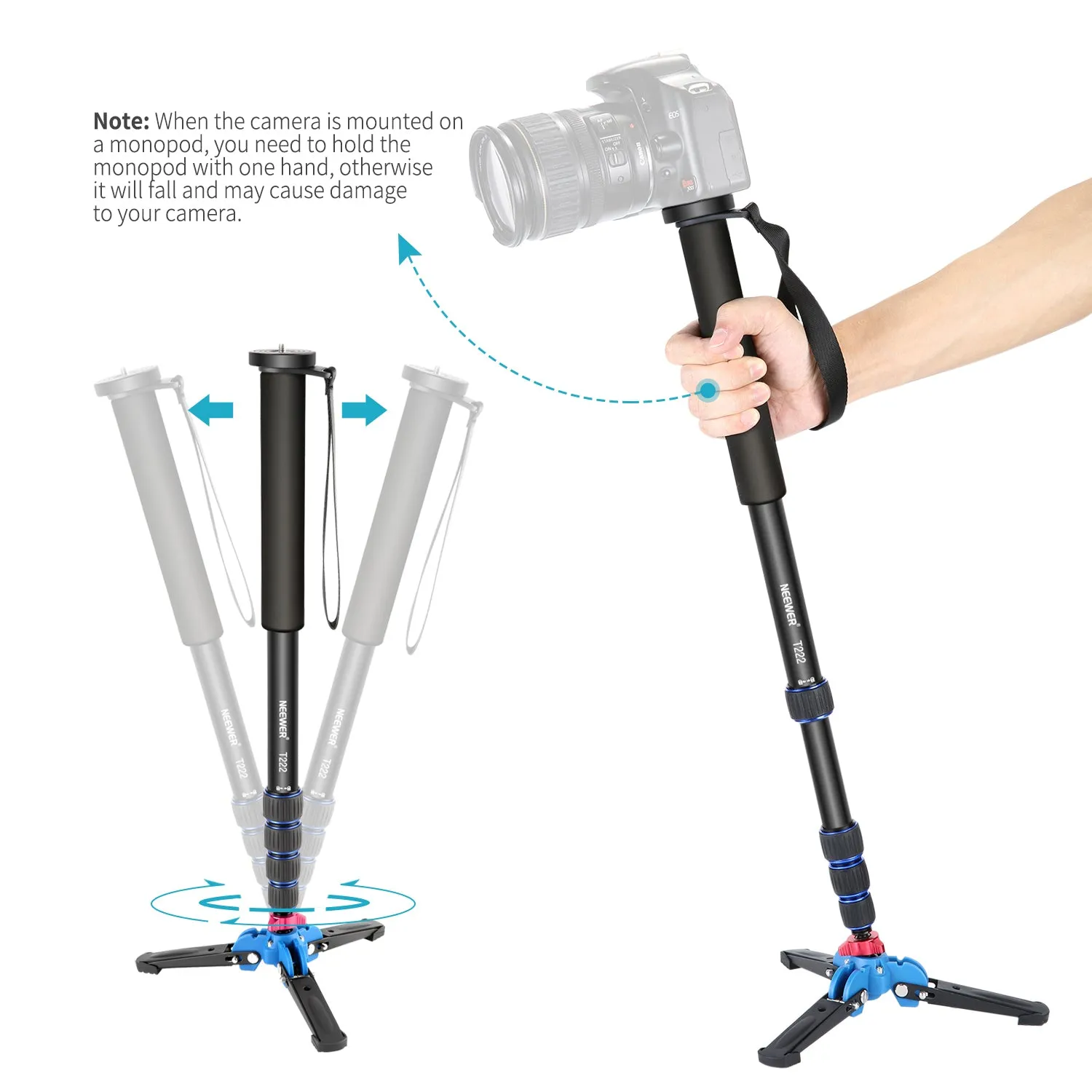 NEEWER Extendable Camera Monopod with Foldable Tripod Support Base