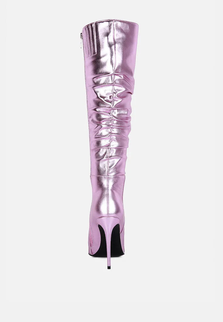 New Expression Metallic Ruched Stiletto Calf Boots