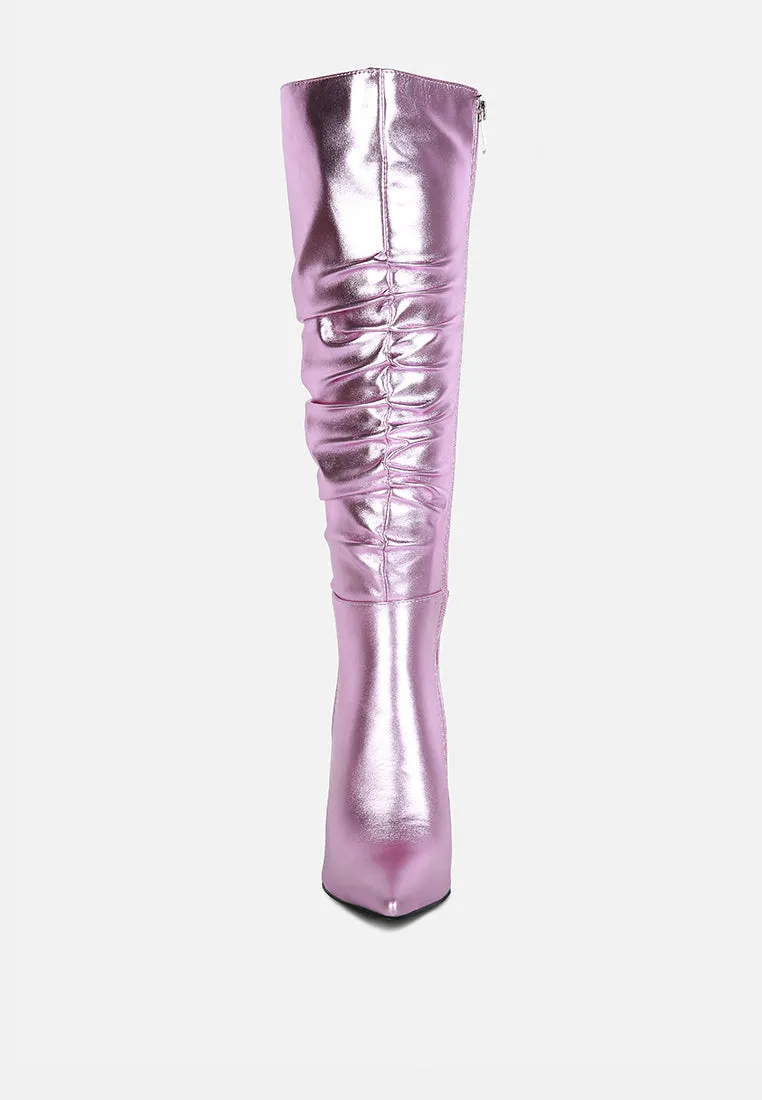 New Expression Metallic Ruched Stiletto Calf Boots