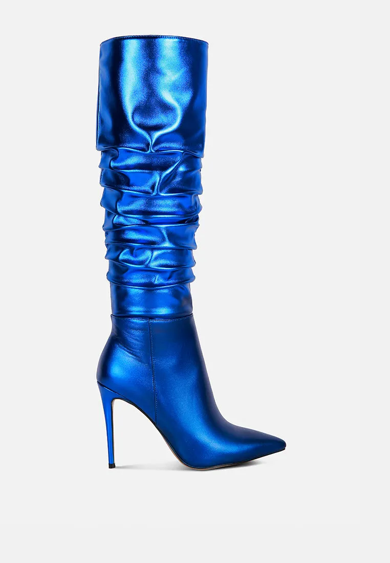 New Expression Metallic Ruched Stiletto Calf Boots