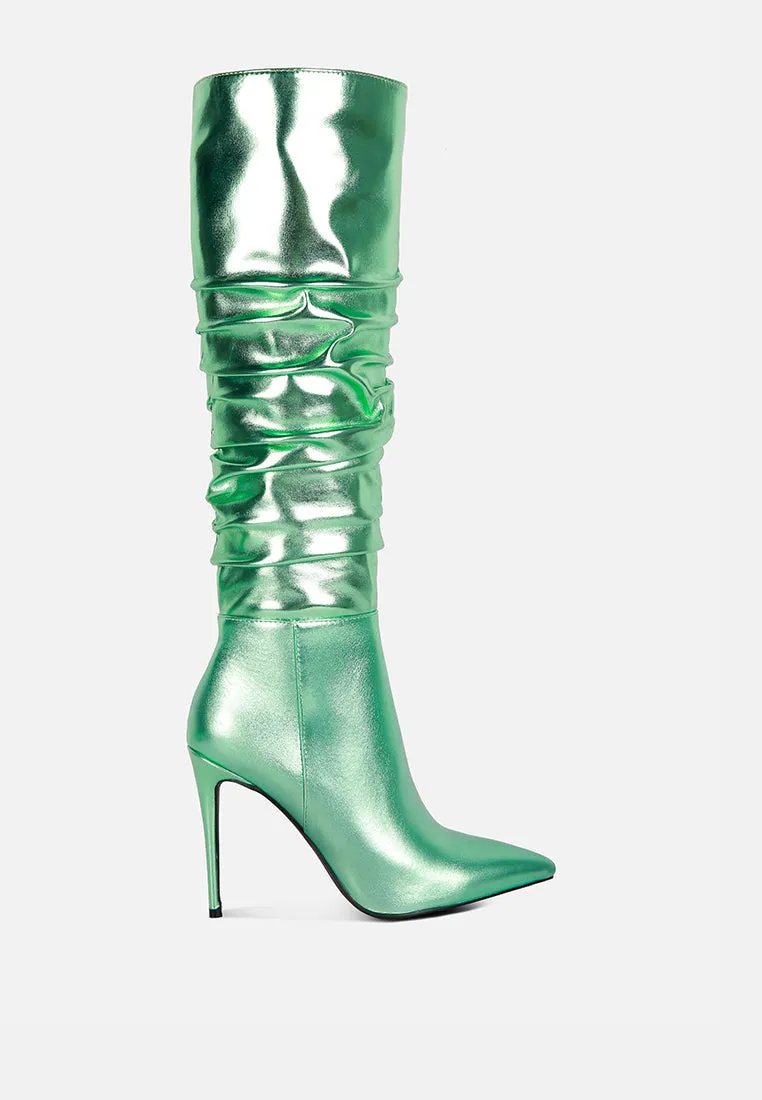 New Expression Metallic Ruched Stiletto Calf Boots