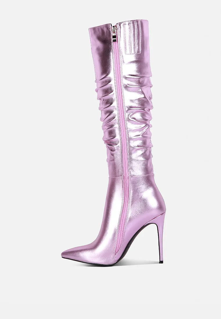 New Expression Metallic Ruched Stiletto Calf Boots