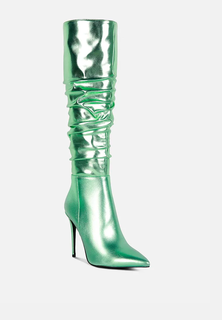 New Expression Metallic Ruched Stiletto Calf Boots