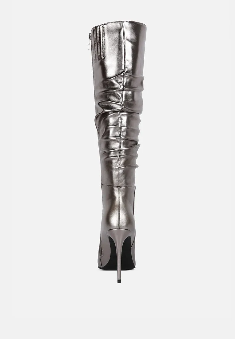 New Expression Metallic Ruched Stiletto Calf Boots