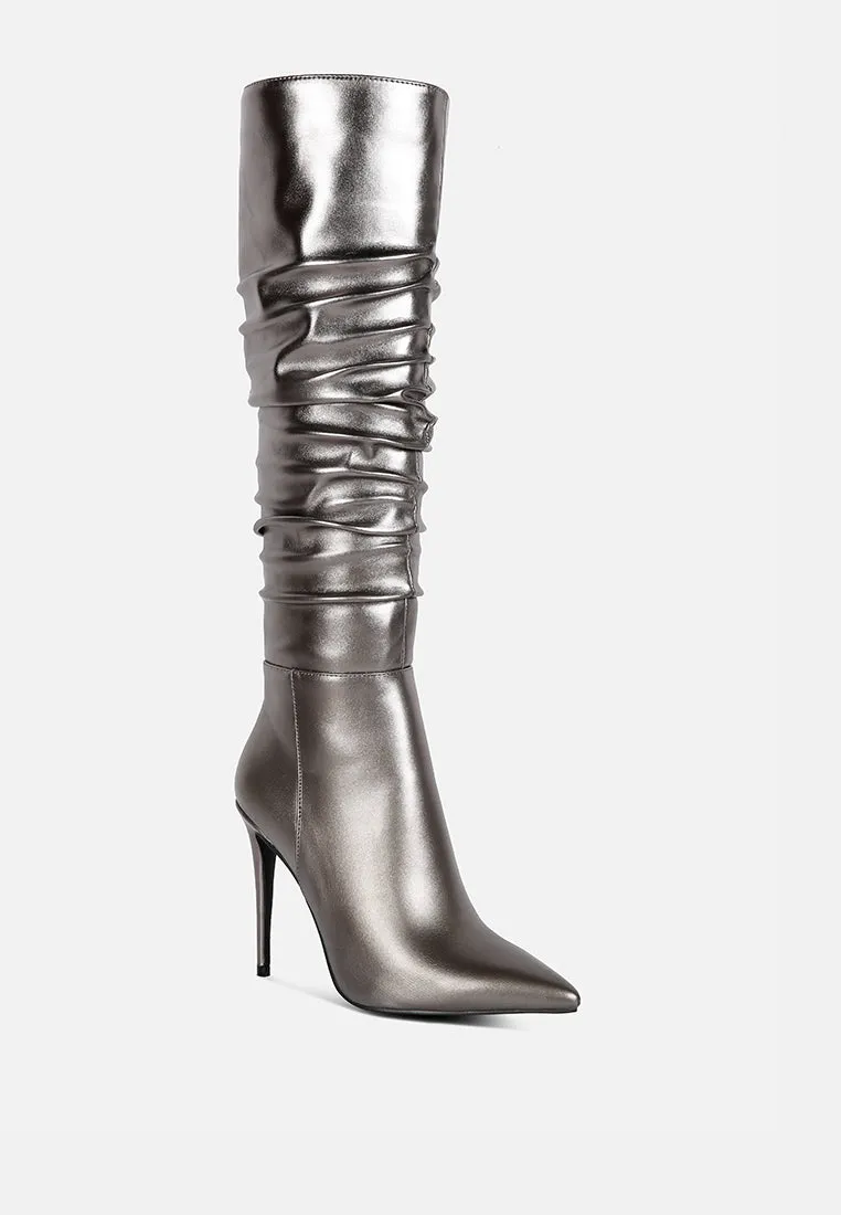 New Expression Metallic Ruched Stiletto Calf Boots