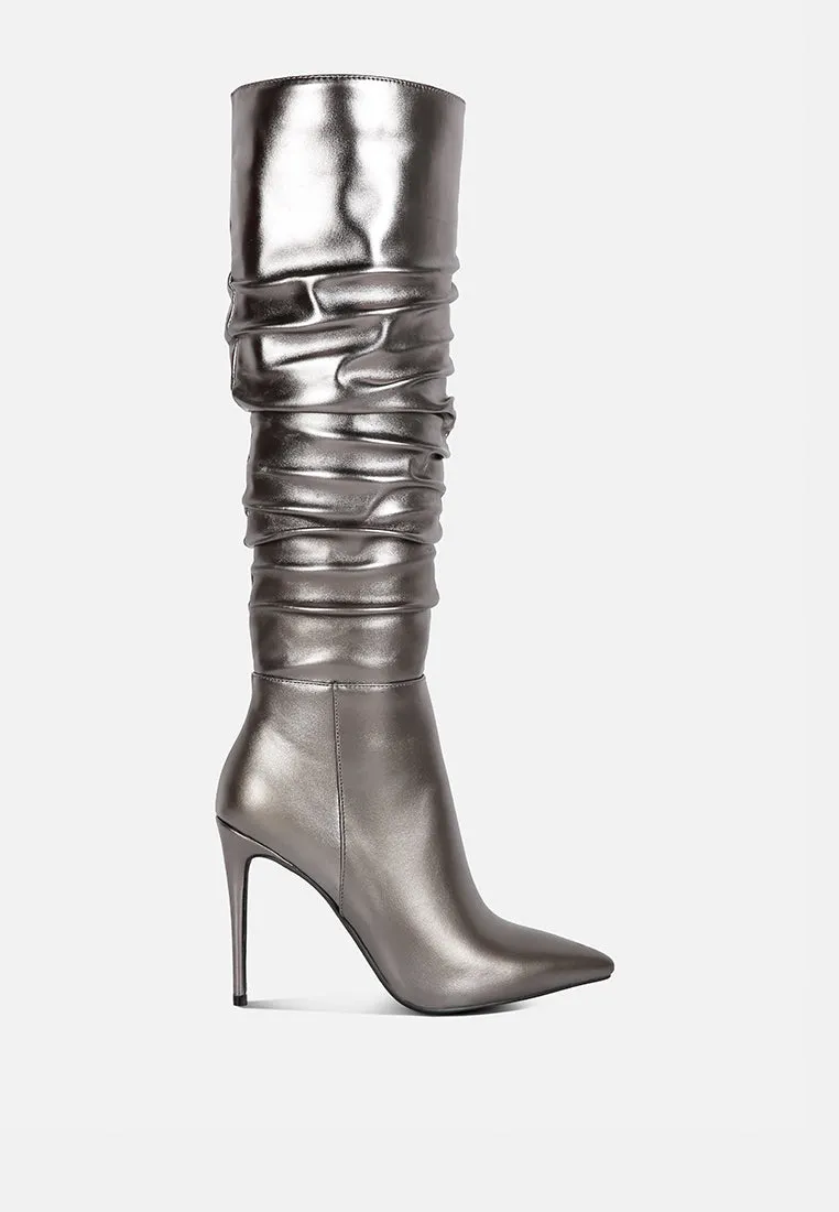 New Expression Metallic Ruched Stiletto Calf Boots