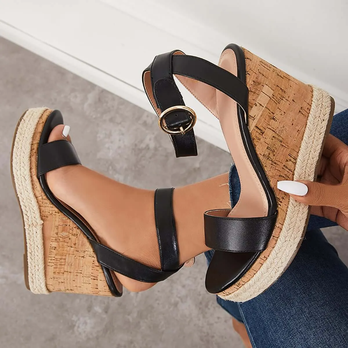 Open Toe Platform Slingback Wedge Ankle Strap Sandals