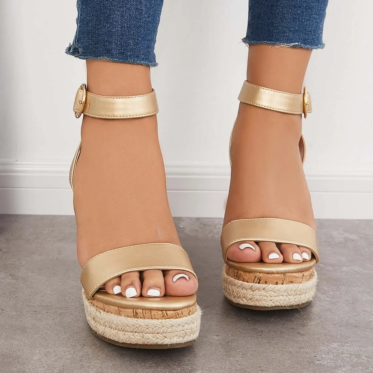 Open Toe Platform Slingback Wedge Ankle Strap Sandals