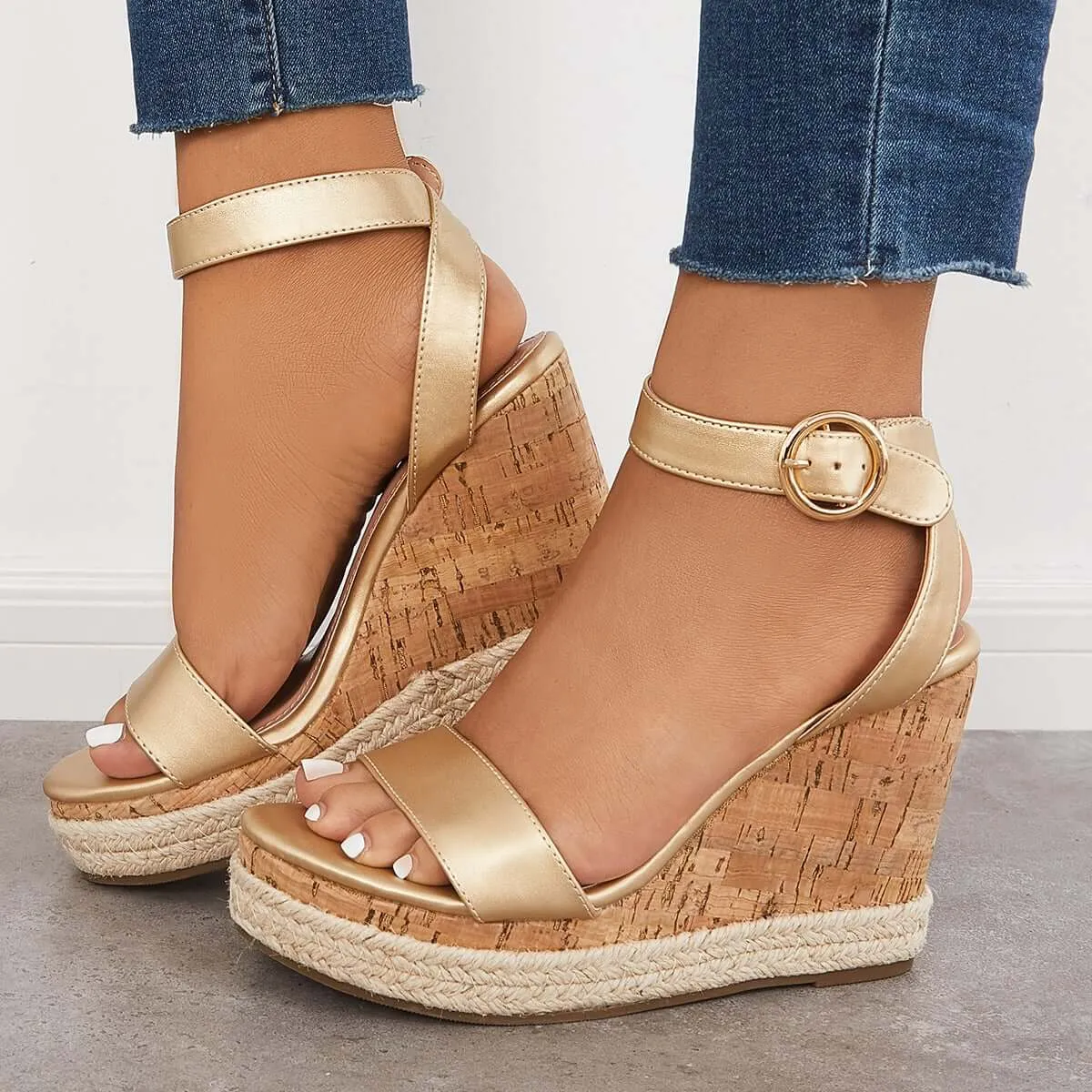 Open Toe Platform Slingback Wedge Ankle Strap Sandals