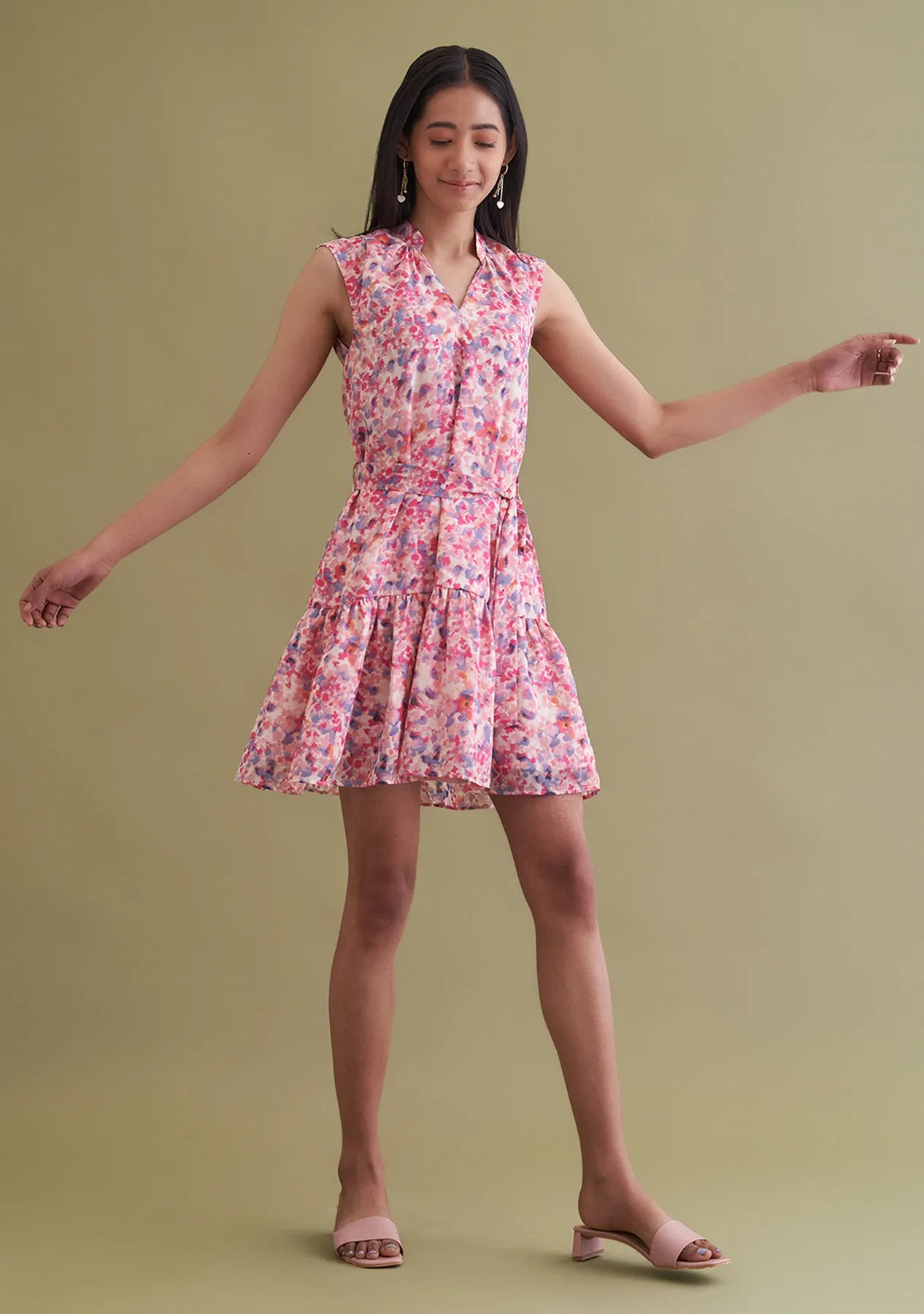 Pink Floral Women's mini dress with detachable belt