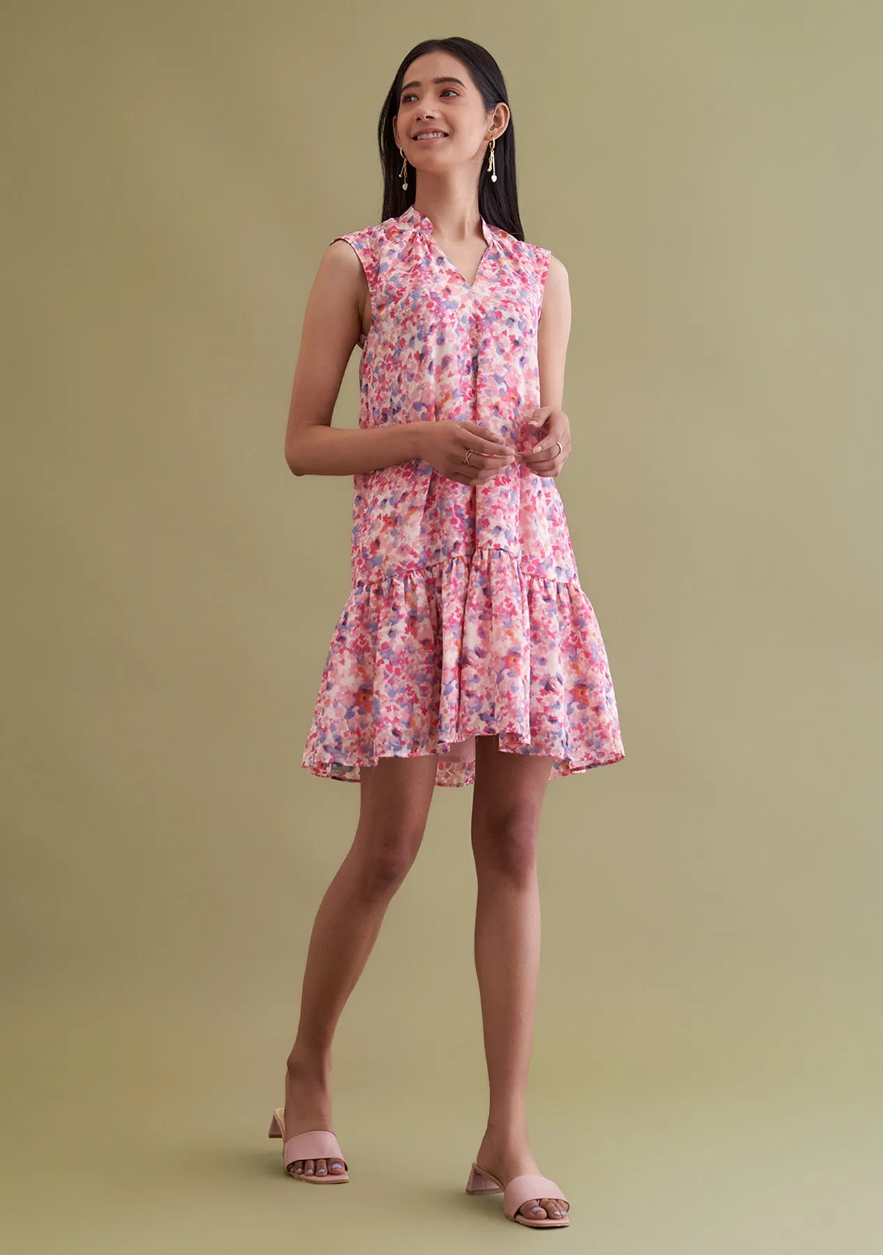 Pink Floral Women's mini dress with detachable belt