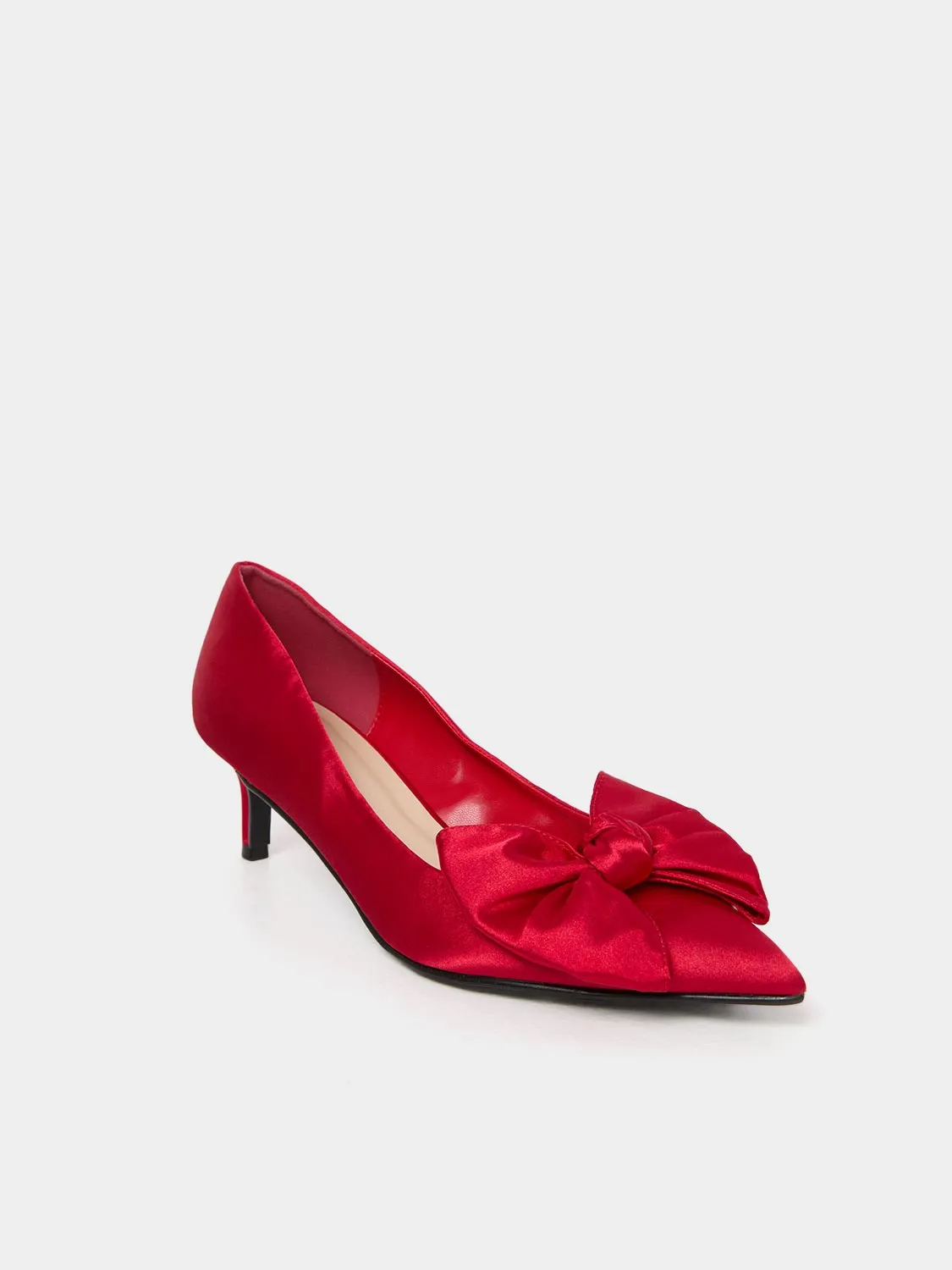 Pointed Toe Satin Kitten Heel With Bow