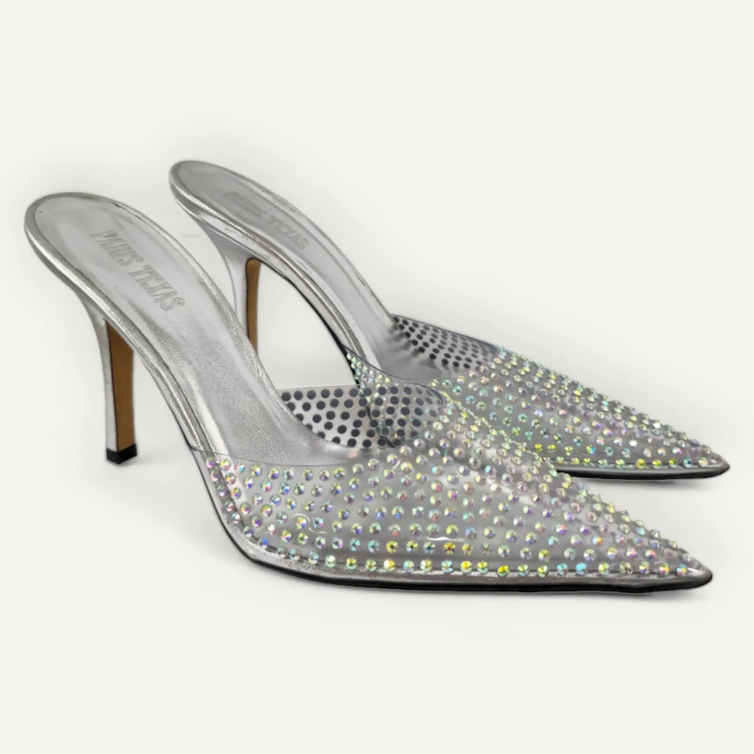 Scarpin Mule Paris Texas em Couro Prata e Strass