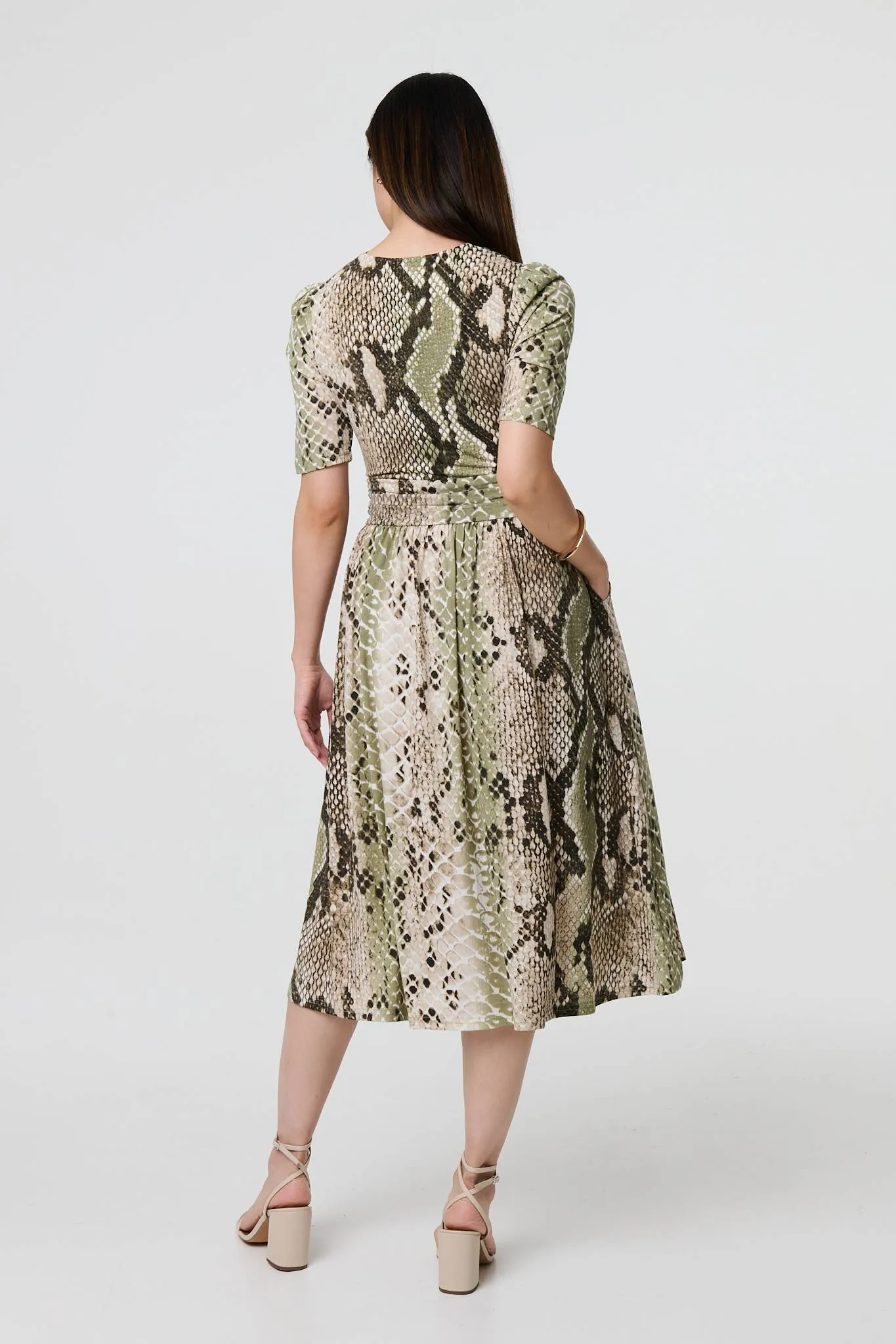 Snake Print 1/2 Sleeve Jersey Midi Dress